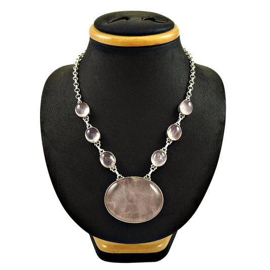 Natural Rose Quartz Gemstone Bohemian Mothers Day Gift Necklace 925 Silver A1