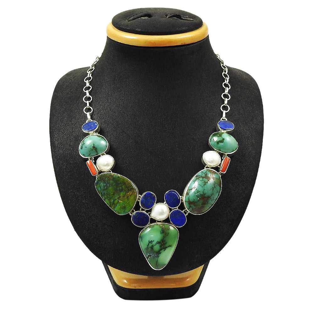 Natural Gemstone Cluster Bohemian Turquoise Necklace 925 Sterling Silver P1