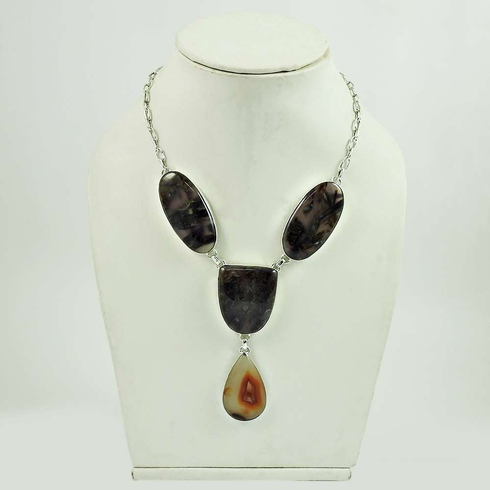 Dainty 925 Sterling Silver Turkish Agate Gemstone Necklace Vintage Jewelry C18