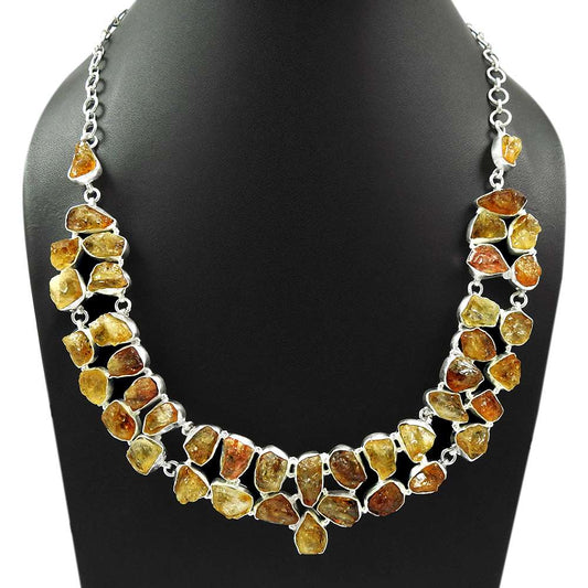 Citrine Rough Stone Necklace 925 Sterling Silver Handmade Indian Jewelry L9