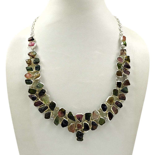 Tourmaline Rough Stone Necklace 925 Sterling Silver Vintage Jewelry M9