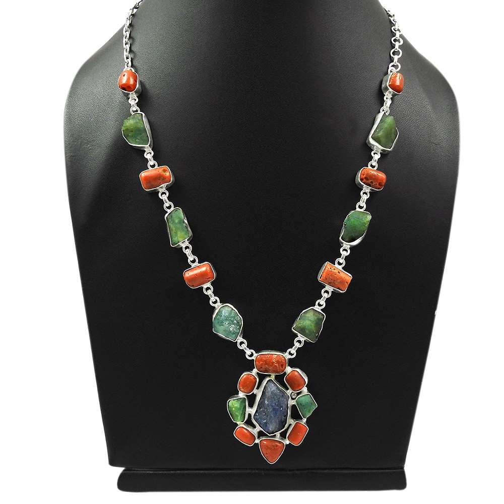 Iolite Emerald Coral Rough Stone Necklace 925 Sterling Silver Ethnic Jewelry O9