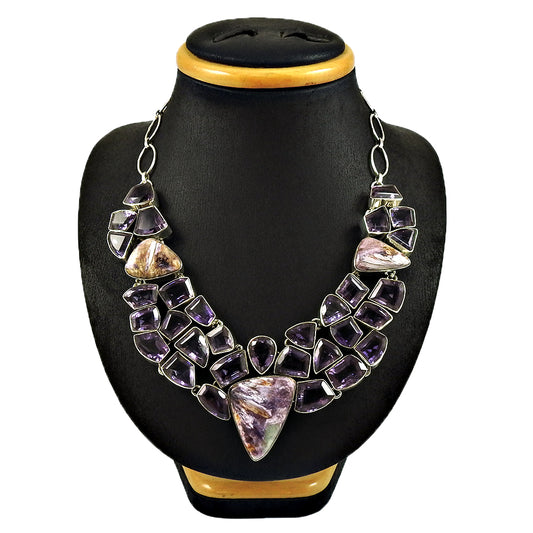 Natural Charoite Gemstone Cluster Necklace 925 Sterling Silver For Women Z1