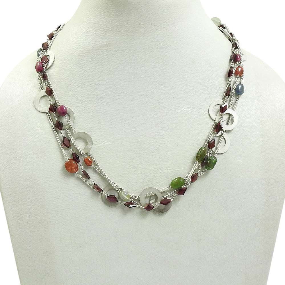 Ruby Garnet Green Jade Citrine Kyanite Sunstone Gemstone Necklace 925 Sterling Silver Vintage Look Jewelry P9