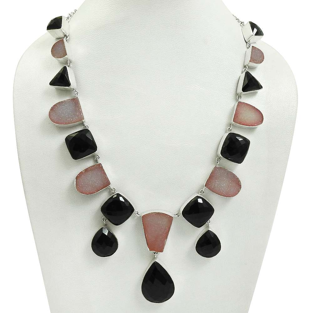 Black Onyx Druzy Gemstone Necklace 925 Sterling Silver Handmade Jewelry S9