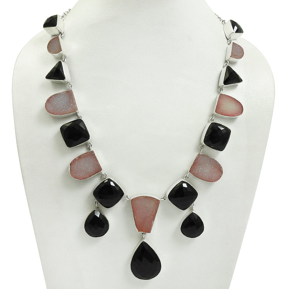 Druzy Black Onyx Gemstone 925 Sterling Silver Statement Necklace For Women Girls