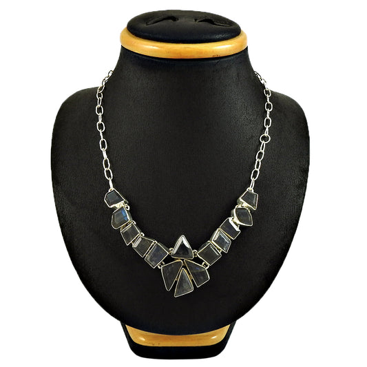 Natural Labradorite Gemstone 925 Silver Cluster Tribal Necklace For Women P5