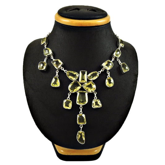 Natural Lemon Quartz Gemstone Cluster Statement Necklace 925 Sterling Silver V6