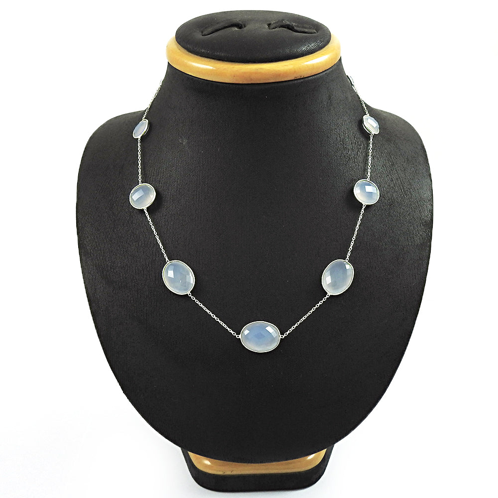 101 Natural Chalcedony Gemstone Cluster Boho Blue Necklace 925 Sterling Silver Y1