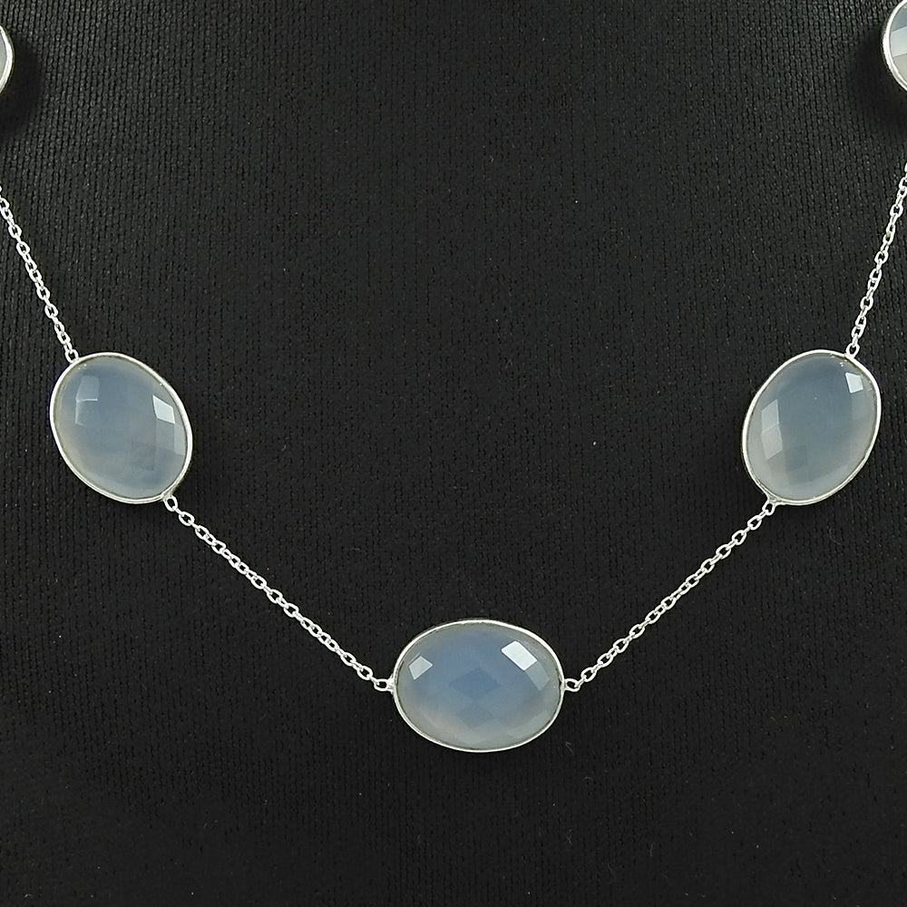 101 Natural Chalcedony Gemstone Cluster Boho Blue Necklace 925 Sterling Silver Y1