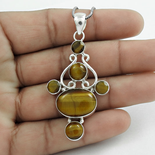 Natural Tiger'S Eye Gemstone Pendant Brown 925 Sterling Silver Indian Jewelry H4