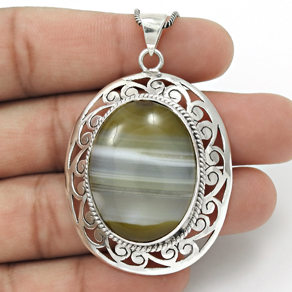 Natural Striped Onyx Gemstone Pendant Gray 925 Sterling Silver Indian Jewelry E3