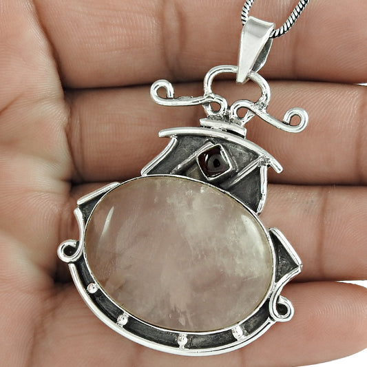 Mothers Day Gift 925 Silver Natural Rose Quartz Gemstone Pendant Vintage Y3