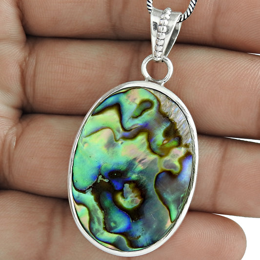 Natural Abalone Shell Gemstone Pendant 925 Sterling Silver Indian Jewelry M2