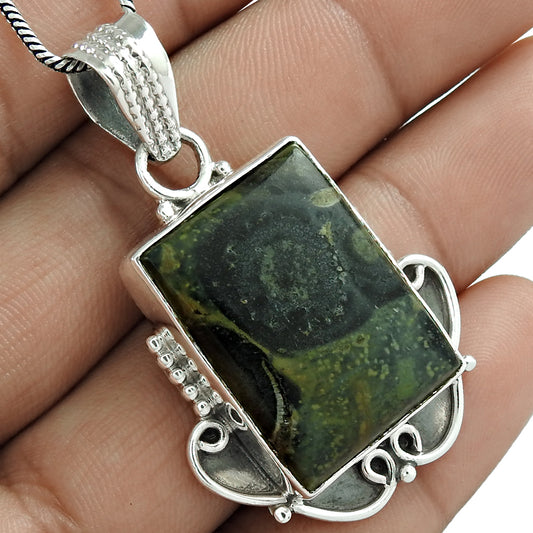 Natural Star Galaxy Jasper Gemstone Pendant Bohemian Green 925 Silver O2