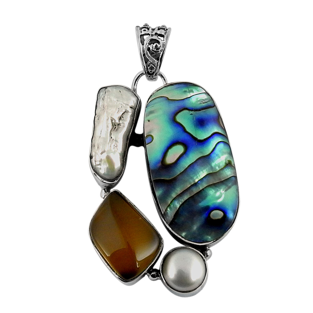 Natural Abalone Shell Gemstone 925 Sterling Silver Pendant Tribal For Girls P2