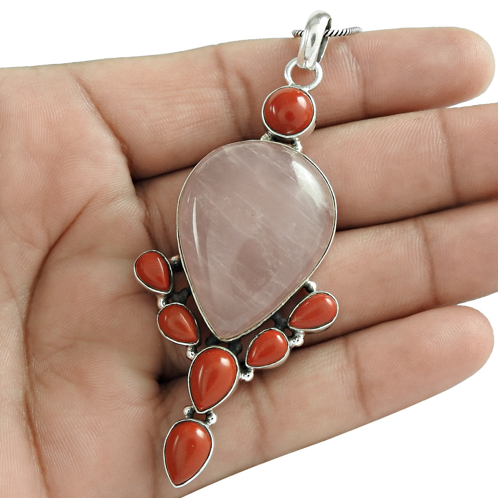 Natural Rose Quartz Gemstone 925 Sterling Silver Pendant Ethnic For Women B3