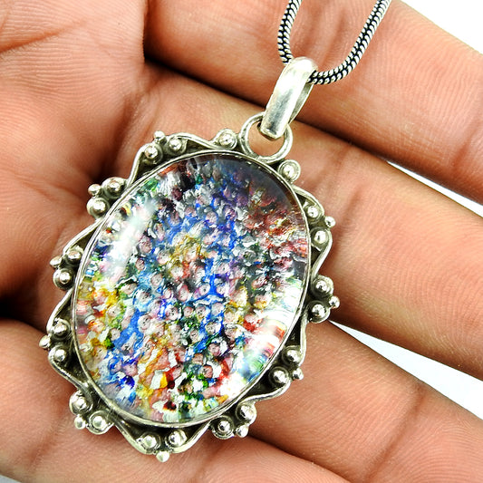 Natural Dico Glass Gemstone Pendant Multicolor 925 Sterling Silver Jewelry F6