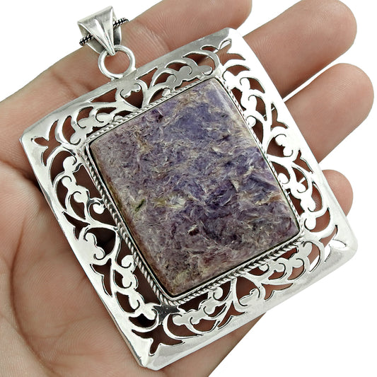 Gift For Her 925 Sterling Silver Natural Charoite Gemstone Pendant Bohemian D4