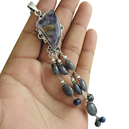 Gift For Her 925 Sterling Silver Natural Charoite Gemstone Pendant Ethnic H4