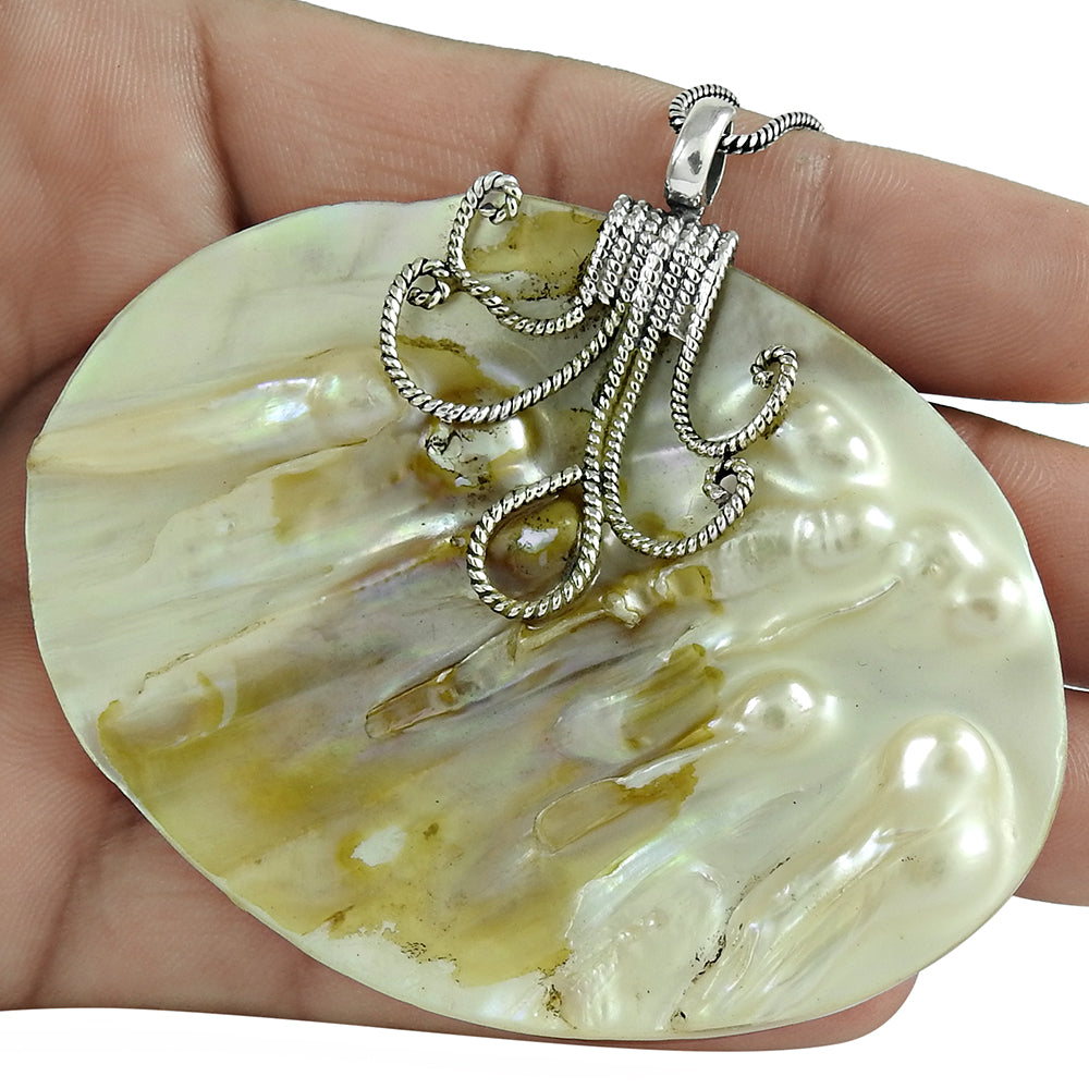 Natural Mother Of Pearl & Abalone Gemstone Pendant Bohemian 925 Silver F3