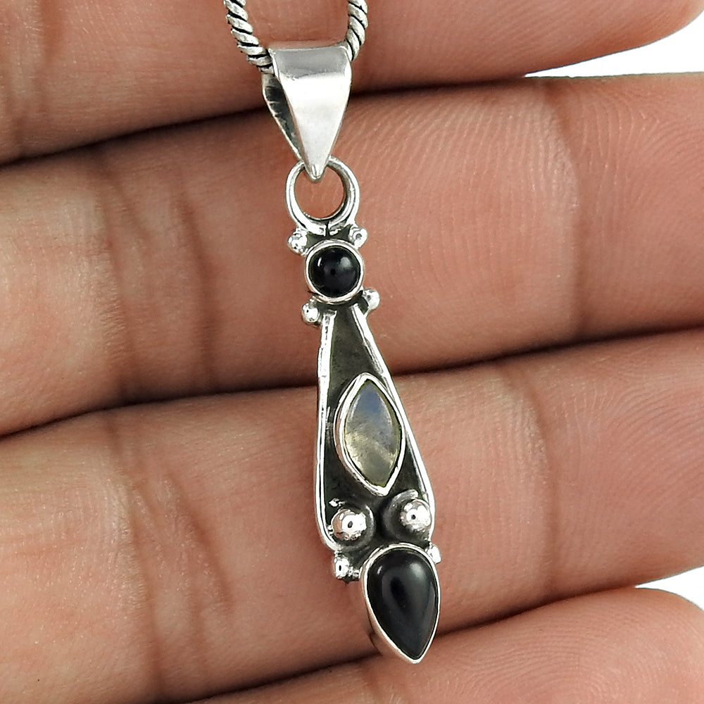 Secret Creation Rainbow Moonstone Black Onyx Gemstone Sterling Silver Pendant Jewellery