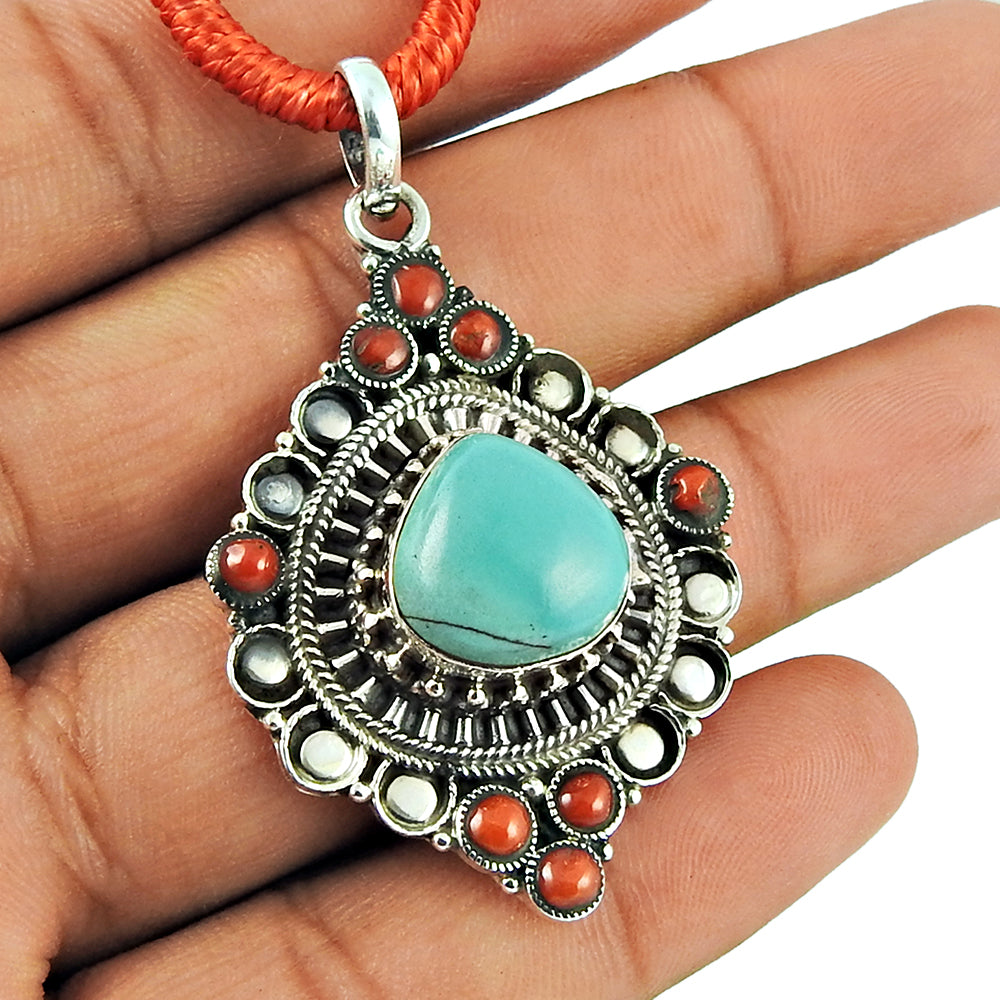 Indian Sterling Silver Jewellery Fashion Coral Turquoise Gemstone Pendant