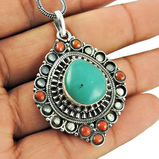 Sterling Silver Jewellery Ethnic Coral Turquoise Gemstone Pendant