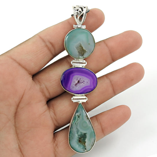 Natural Druzy Gemstone Pendant 925 Sterling Silver Mothers Day Gift Jewelry U5
