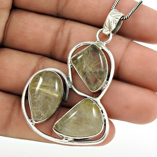 Mothers Day Gift 925 Silver Natural Golden Rutile Gemstone Pendant Vintage D6