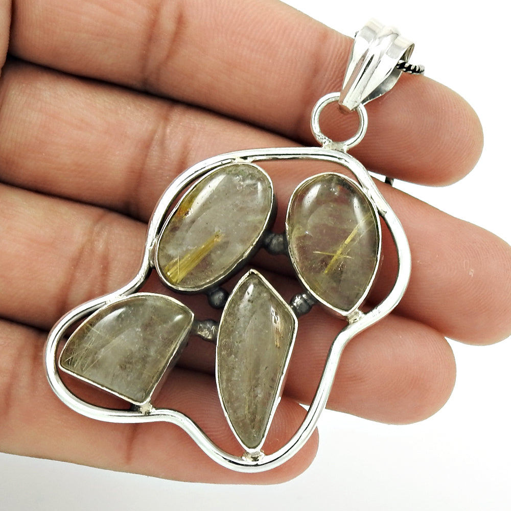 Wedding Gift For Her 925 Silver Natural Golden Rutile Gemstone Pendant Ethnic Q3