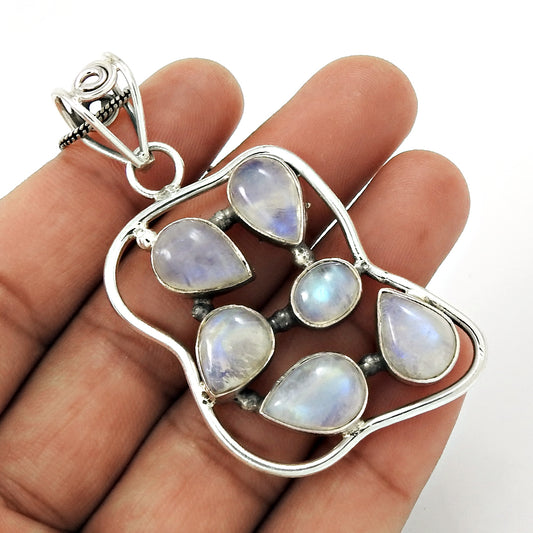 Natural Rainbow Moonstone Gemstone Pendant Boho 925 Sterling Silver For Girls C4