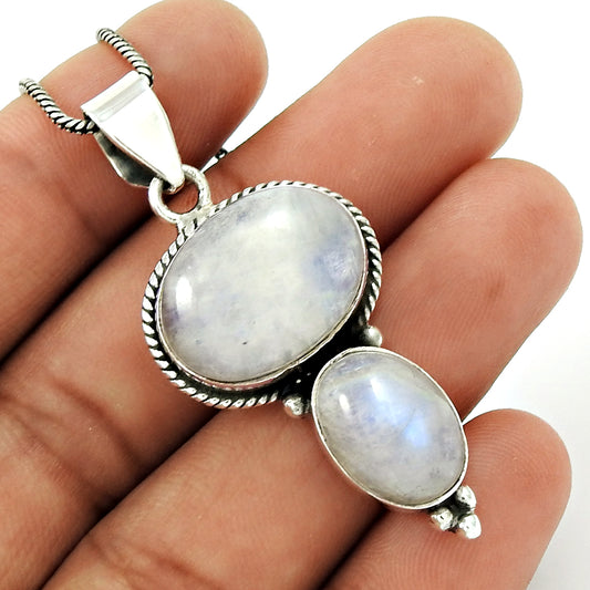 Natural Rainbow Moonstone Pendant 925 Sterling Silver Indian Jewelry F6