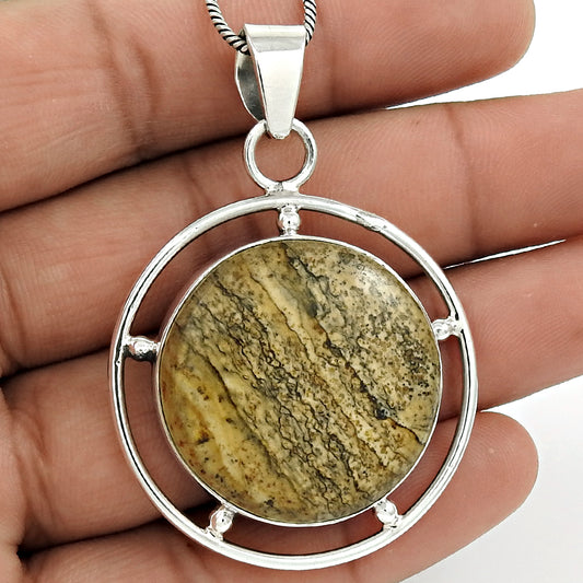 Natural Picture Jasper Gemstone Pendant 925 Sterling Silver Jewelry For Girls A9