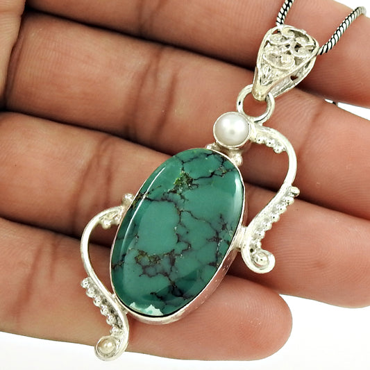 Natural Turquoise Gemstone Pendant Boho 925 Sterling Silver Indian Jewelry B9