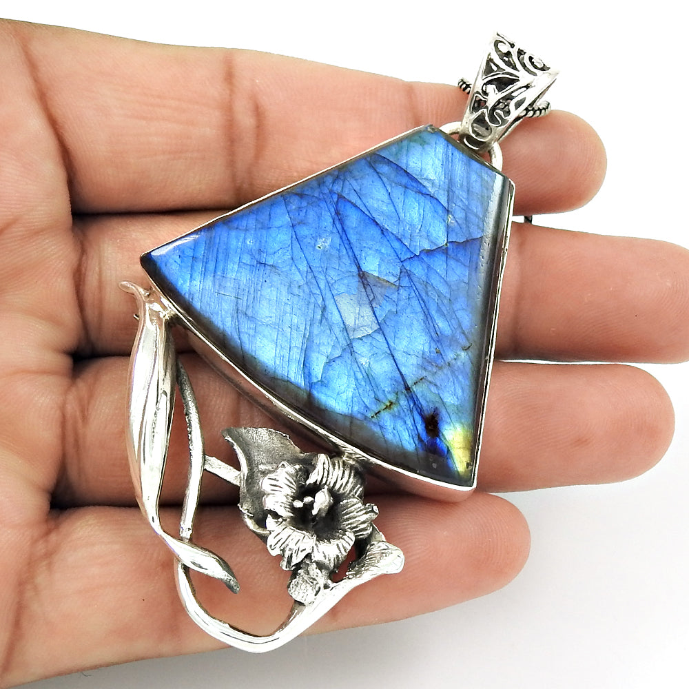 Natural Labradorite Gemstone Pendant Tribal Blue 925 Sterling Silver Jewelry G4