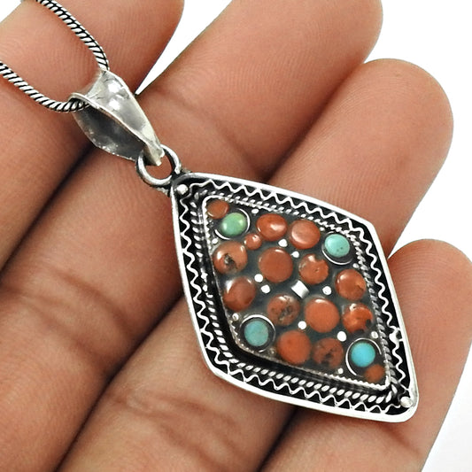 Daily Wear 925 Sterling Silver Coral Turquoise Gemstone Pendant Handmade Jewelry