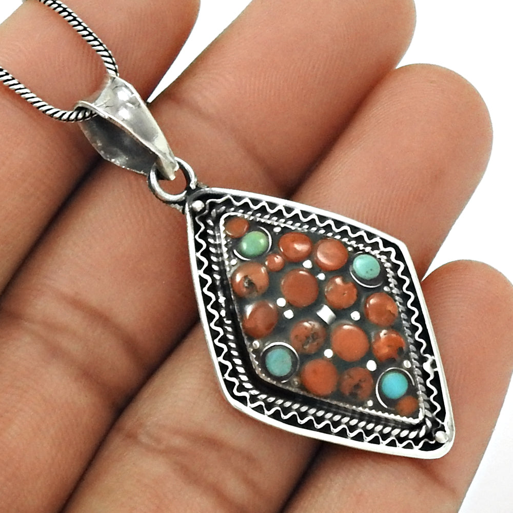 101 Natural Coral Bezel Root Chakra Unique Elegant New Pendant Solid Sterling Silver
