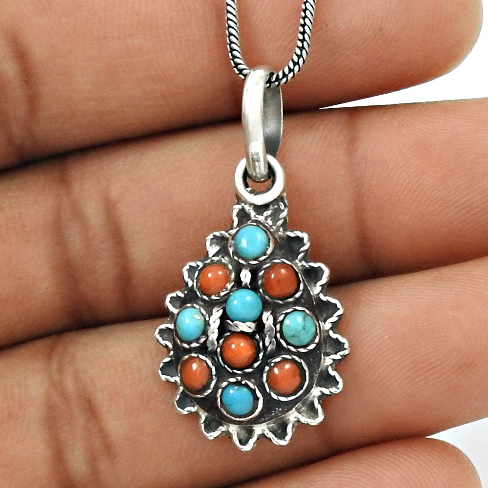 Rare 925 Sterling Silver Coral Turquoise Gemstone Pendant Ethnic Jewelry