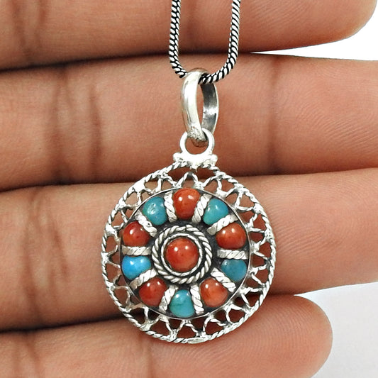 Trendy 925 Sterling Silver Coral Turquoise Gemstone Pendant Tribal Jewelry