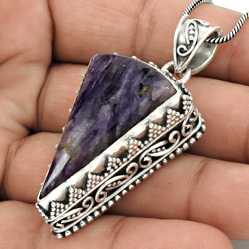 Natural Charoite Gemstone Pendant Tribal Purple 925 Sterling Silver Jewelry J4