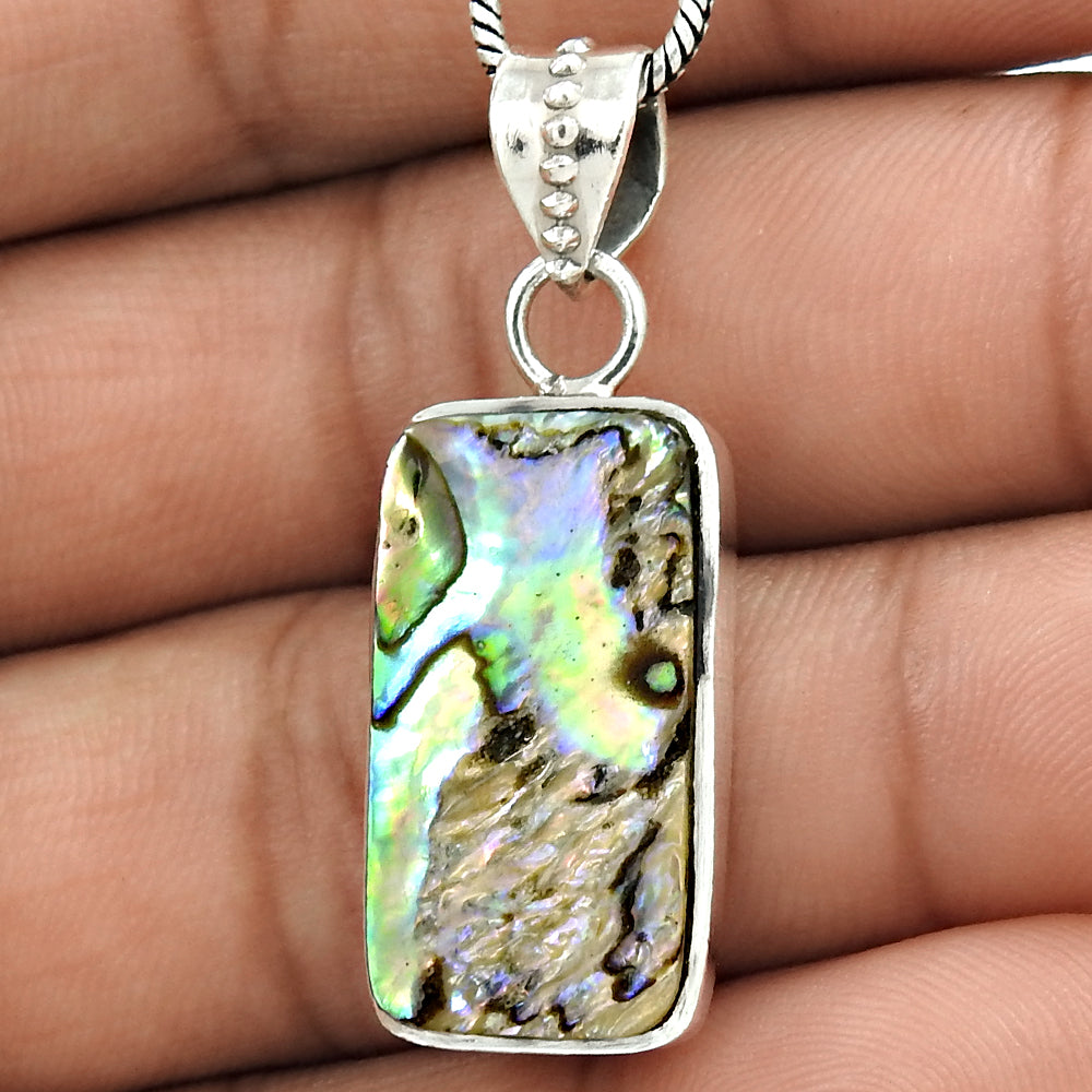 Natural Abalone Shell Gemstone Pendant Boho Blue 925 Sterling Silver Jewelry X6