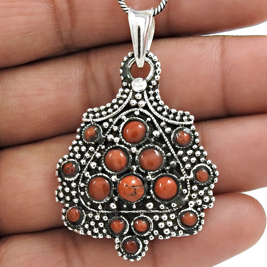 New Year Gift Coral Gemstone Tribal Pendant 925 Sterling Silver Jewelry W51