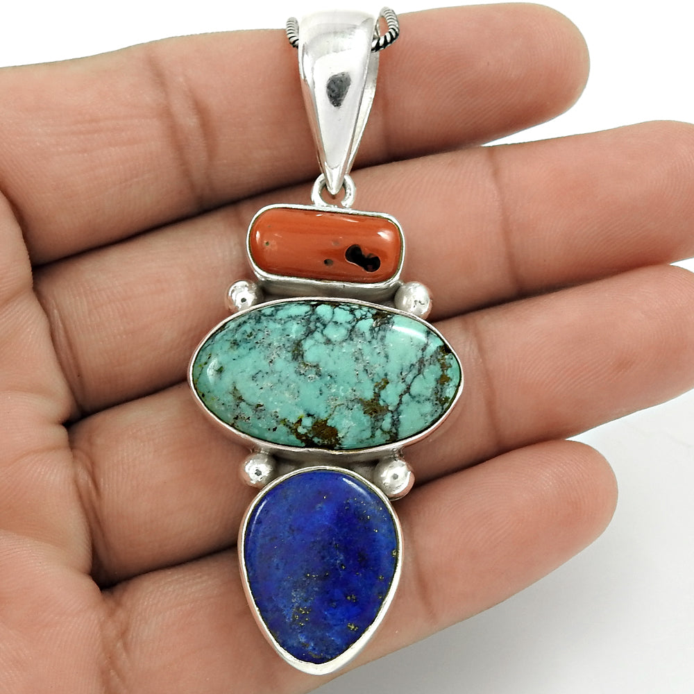 Natural Turquoise Gemstone 925 Sterling Silver Pendant Bohemian For Girls F6