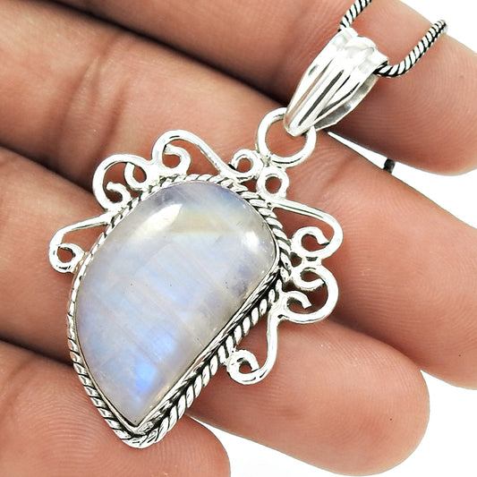 Mothers Day Gift Natural Rainbow Moonstone Pendant 925 Silver E10