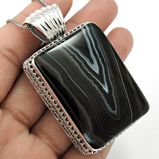 Natural Striped Onyx Gemstone 925 Sterling Silver Pendant Vintage For Women H6