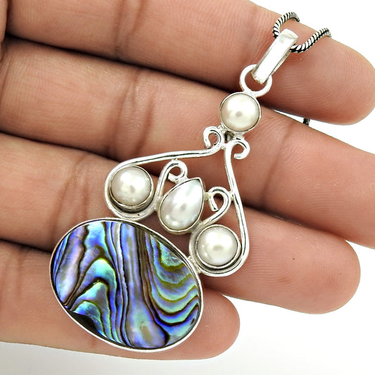 Natural Abalone Shell Gemstone Jewelry 925 Sterling Silver Pendant For Women F10