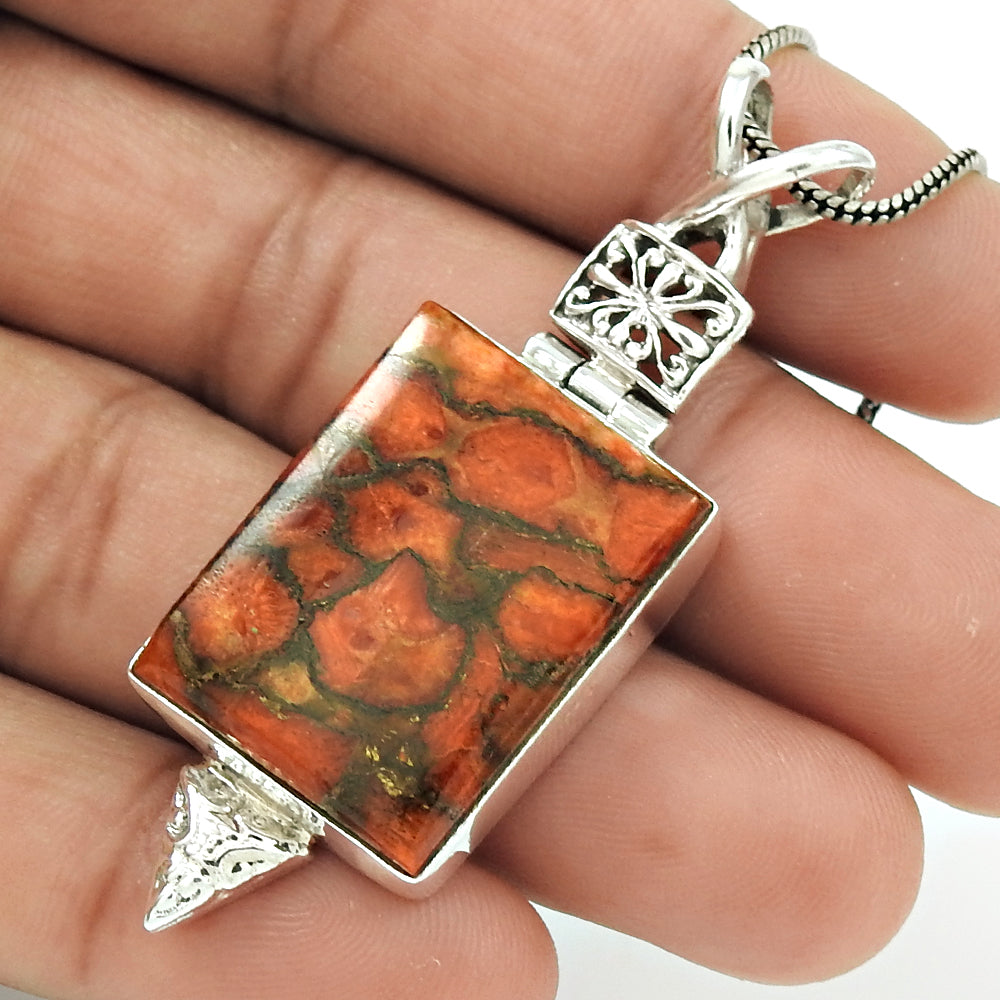 Natural Red Copper Turquoise Gemstone Pendant Boho 925 Silver For Women I10