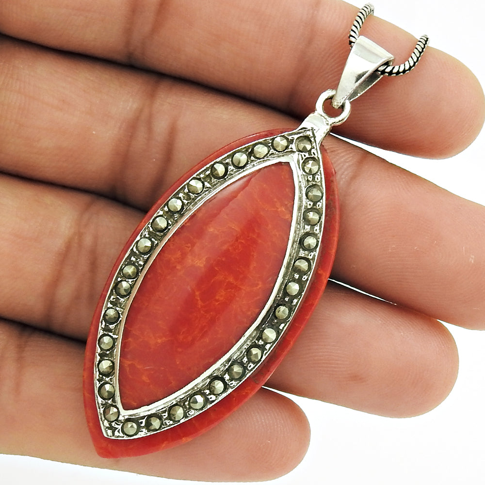 Mothers Day Gift Natural Coral Gemstone Pendant 925 Sterling Silver X6