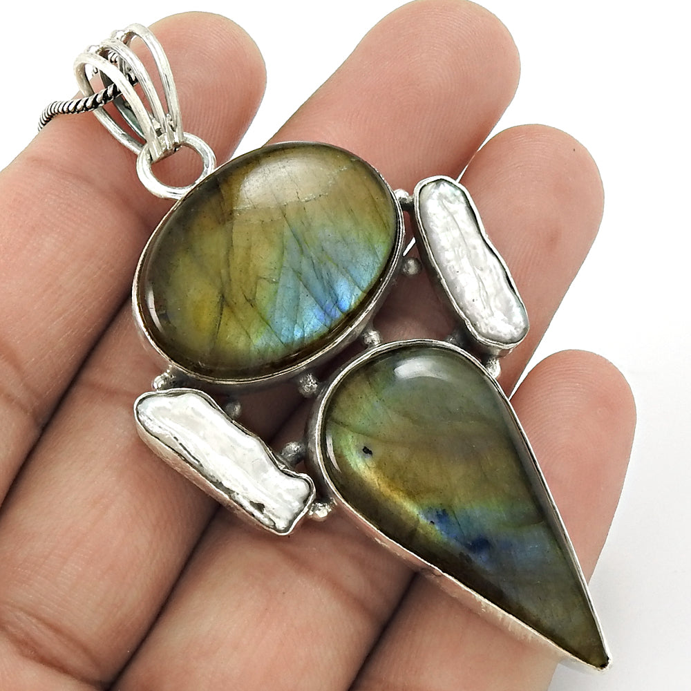 Natural Labradorite Gemstone Pendant Ethnic Blue 925 Sterling Silver Jewelry C11